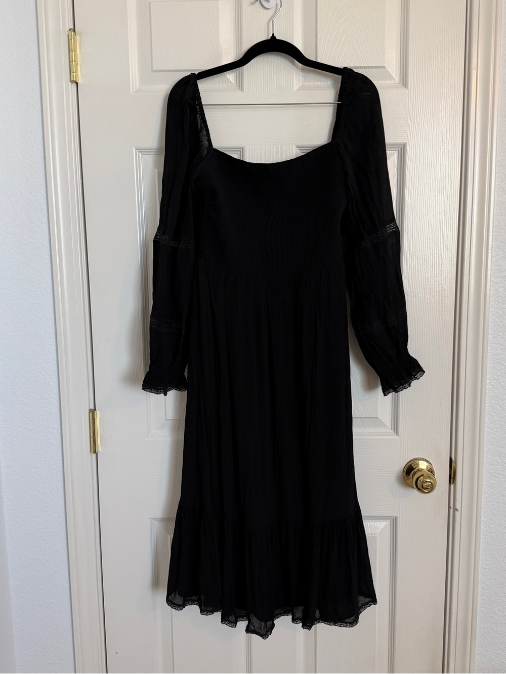 Wilfred Aritzia Black Smocked Square Neck Cottagecore Midi Dress M